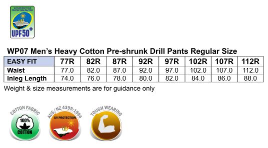 WP07 MEN'S HEAVY COTTON PRE-SHRUNK DRILL PANTS Regular Size