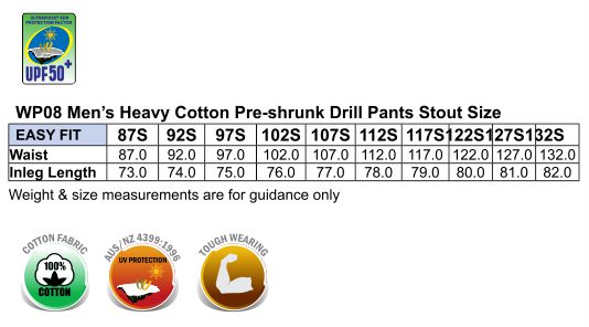 WP08 MEN'S HEAVY COTTON PRE-SHRUNK DRILL PANTS Stout Size